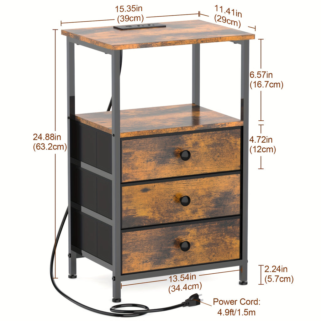 AMHANCIBLE Nightstands 1/2pcs, Modern Night Stand with 3 Fabric Storage Drawers, with Charging Station, Suitable for Living Room And Bedroom, Spring