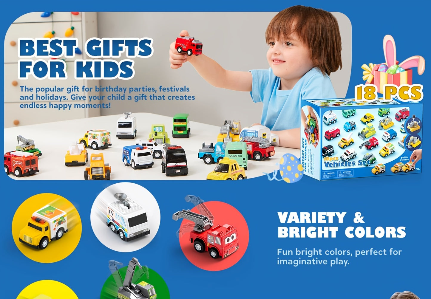 Pull Back City Cars & Trucks Toy Set 18 Pieces – Friction Powered Vehicles for Toddlers, Party Favour & Goodie Bag Stuffers, Birthday Gift for Boys & Girls