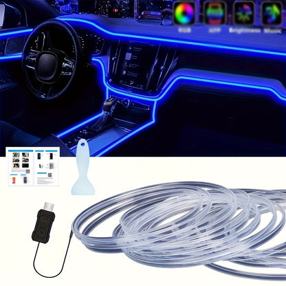 Car Interior LED Light Strip RGB USB 196-Inch Cuttable, 8-Colour Smart Neon Ambient Lighting Kit with Music Sync for Car Doors Console Dashboard – Flexible Automotive LED Strips
