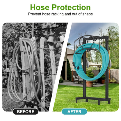 Garden Hose Holder Freestanding with 4 Ground Spikes – Detachable Outdoor Water Hose Reel Stand, Space-Saving Rust-Resistant Hose Rack for Yard, Lawn & Garden, Black