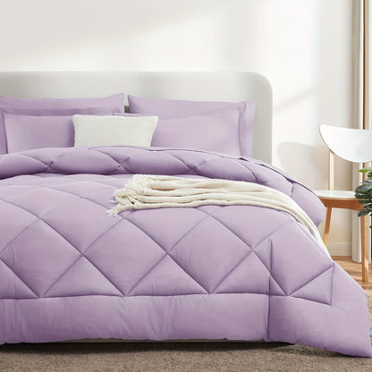 Quilted Comforter Bed-in-a-Bag Set 7pcs – Soft Brushed Microfiber Box Stitch Pattern, All-Season Bedding Ensemble with Comforter, Flat Sheet, Fitted Sheet & Pillowcases
