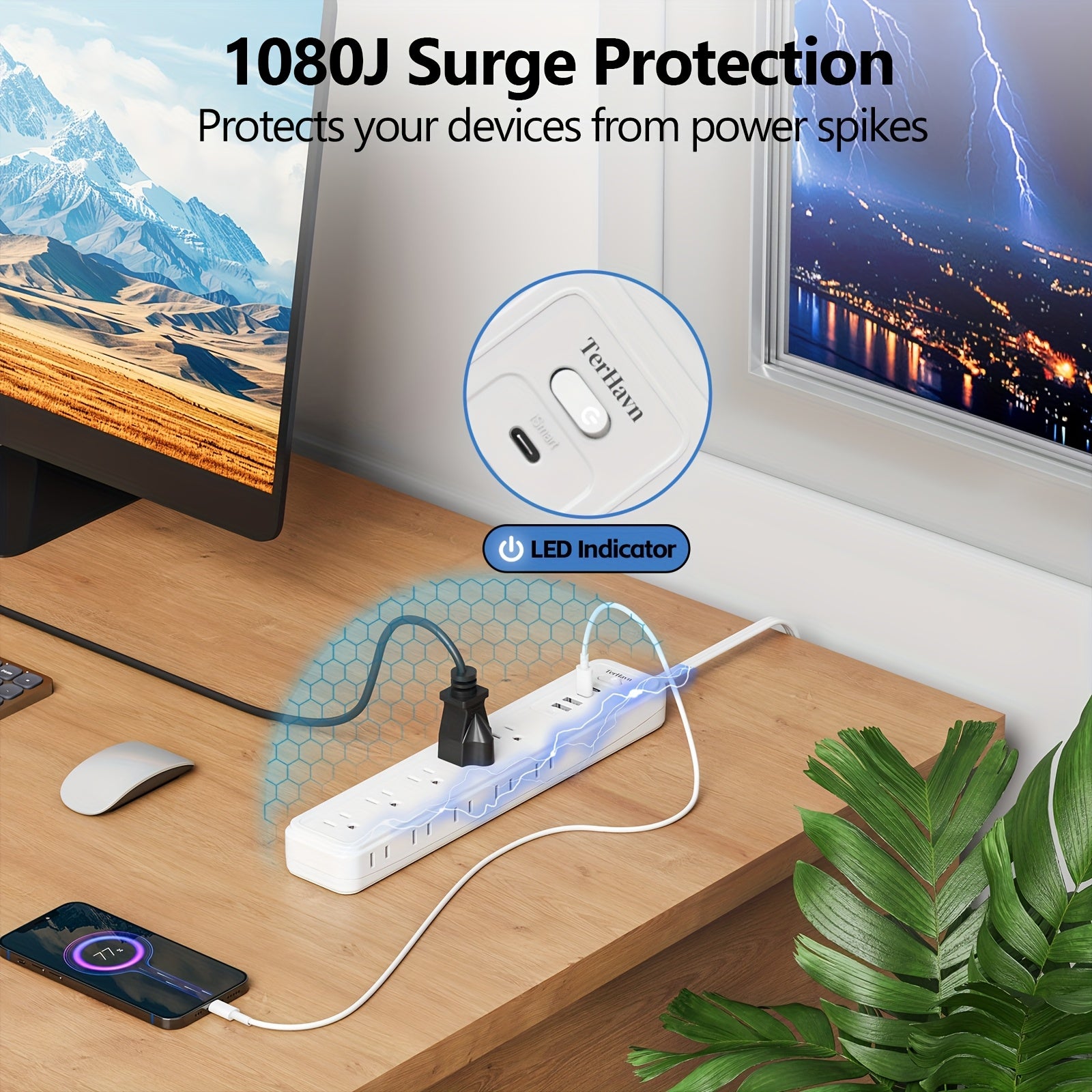 Surge Protector Power Strip 15 Outlets & 4 USB Ports (2 USB-C) – 5FT Flat Plug Extension Cord, 1875W Wall Mount Desktop Charging Station for Home Office & Dorm, White, Canada