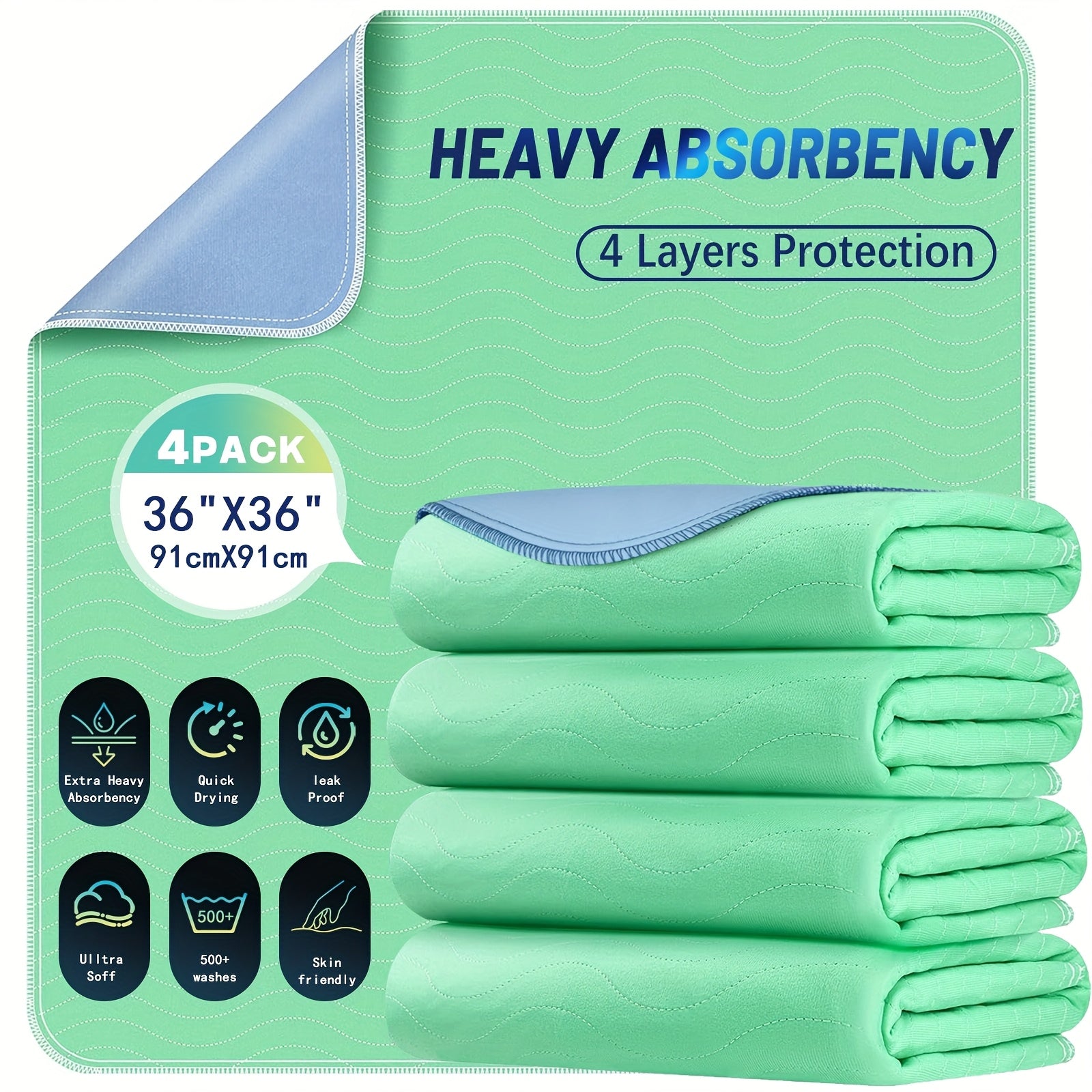 Washable Underpads 4-Pack 36"x36" Extra Heavy Absorbency – Waterproof Reusable Bed Pads for Adults, Seniors, Dogs & Diaper Changing, Quick-Dry Nursing Pads