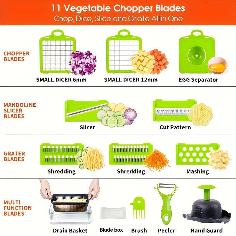 [16-In-1 Vegetable Chopper] Professional Onion Chopper, Multifunctional Food Chopper, Kitchen Vegetable Slicer Dicer, Vegetable Chopper with 8 Blades, Carrot Chopper with Container (Gray)