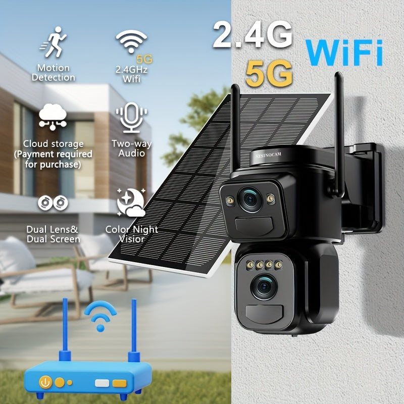 Solar Security Camera Outdoor 360° PTZ – 8X Zoom, 9000mAh 365-Day Standby, Dual HD Lens, Auto Human Tracking, Night Vision, 2-Way Audio, 2.4G/5G WiFi, Type-C (QW8 Series, WiFi/Solar Panel)