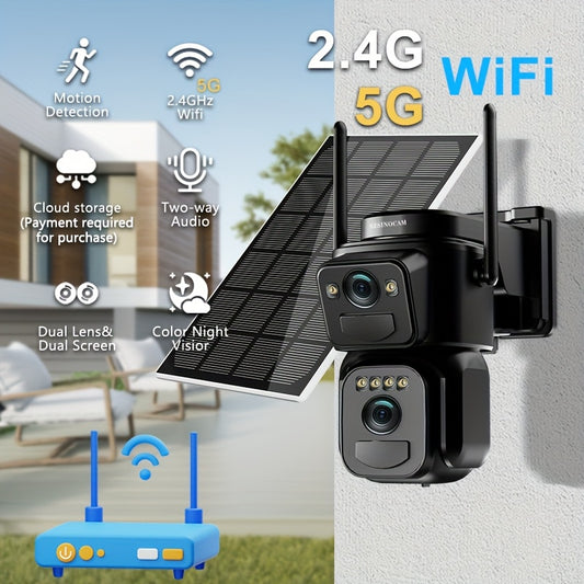 1pc [8X Zoom] CCTV, 2.4G & 5G Smart Solar Security Wifi Camera, 9000Mah Long-Lasting Battery 365 Days Standby, Dual HD Lens Automatic Human Tracking PTZ -360° Coverage, 2-Way Audio, Night Vision, Usb/Type-C, BT Connectivity