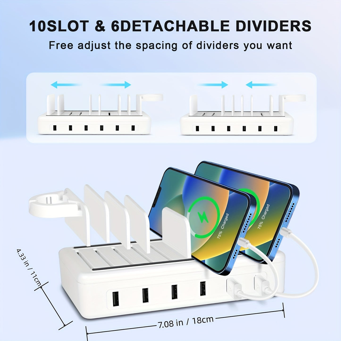 50W 6-Port USB Charging Station with 10-Slot Organizer, Detachable Dividers & Watch Holder – Charges Phone, iPad, Tablet, Kindle | 6 Cables Included