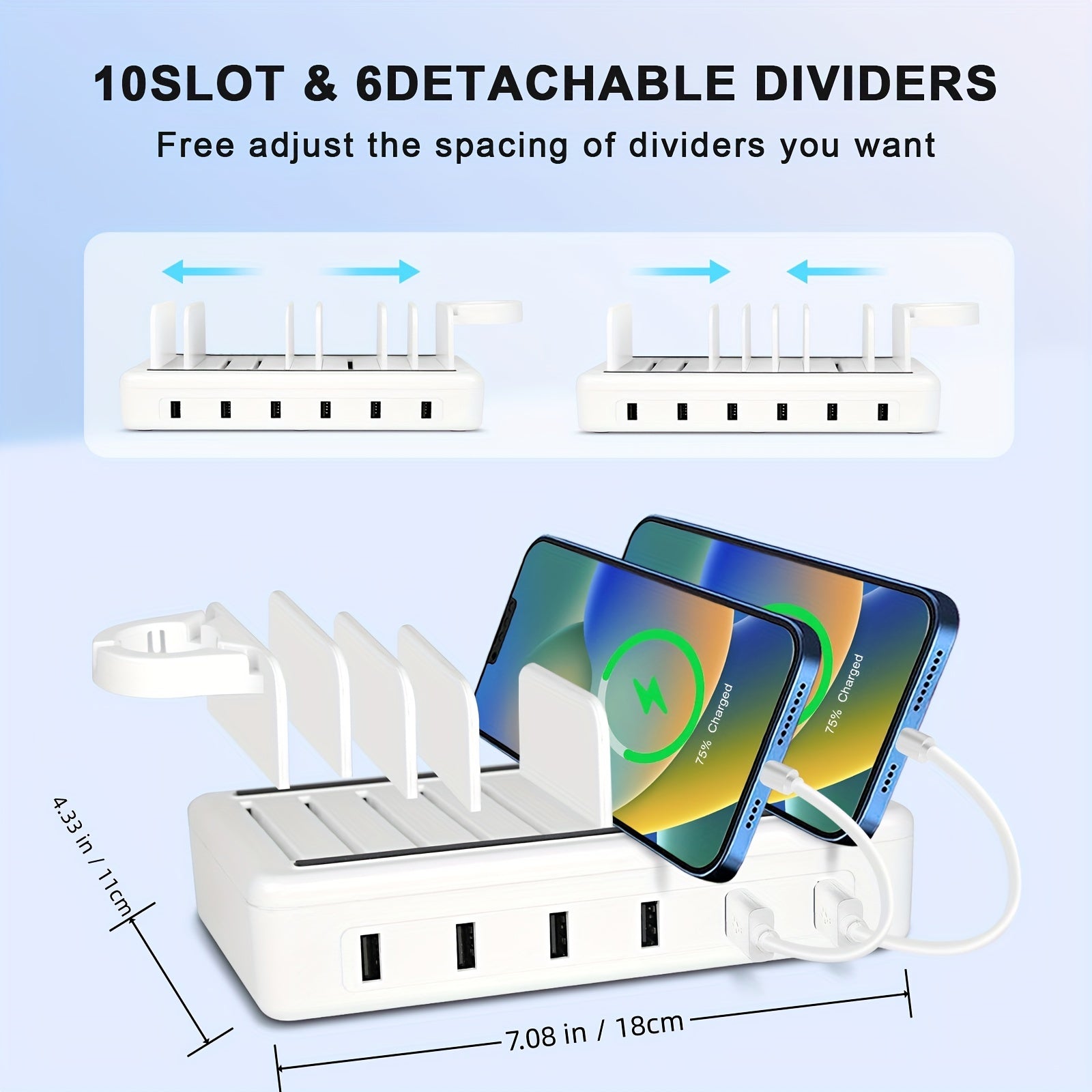 Fast Charging Station for Multiple Devices, 50W 6-Ports USB Charging Station With10-Slot, Detachable Dividers, Watch Holder, Compatible with Phone/iPad/Kindle/Tablet (6 Short Cables Included)