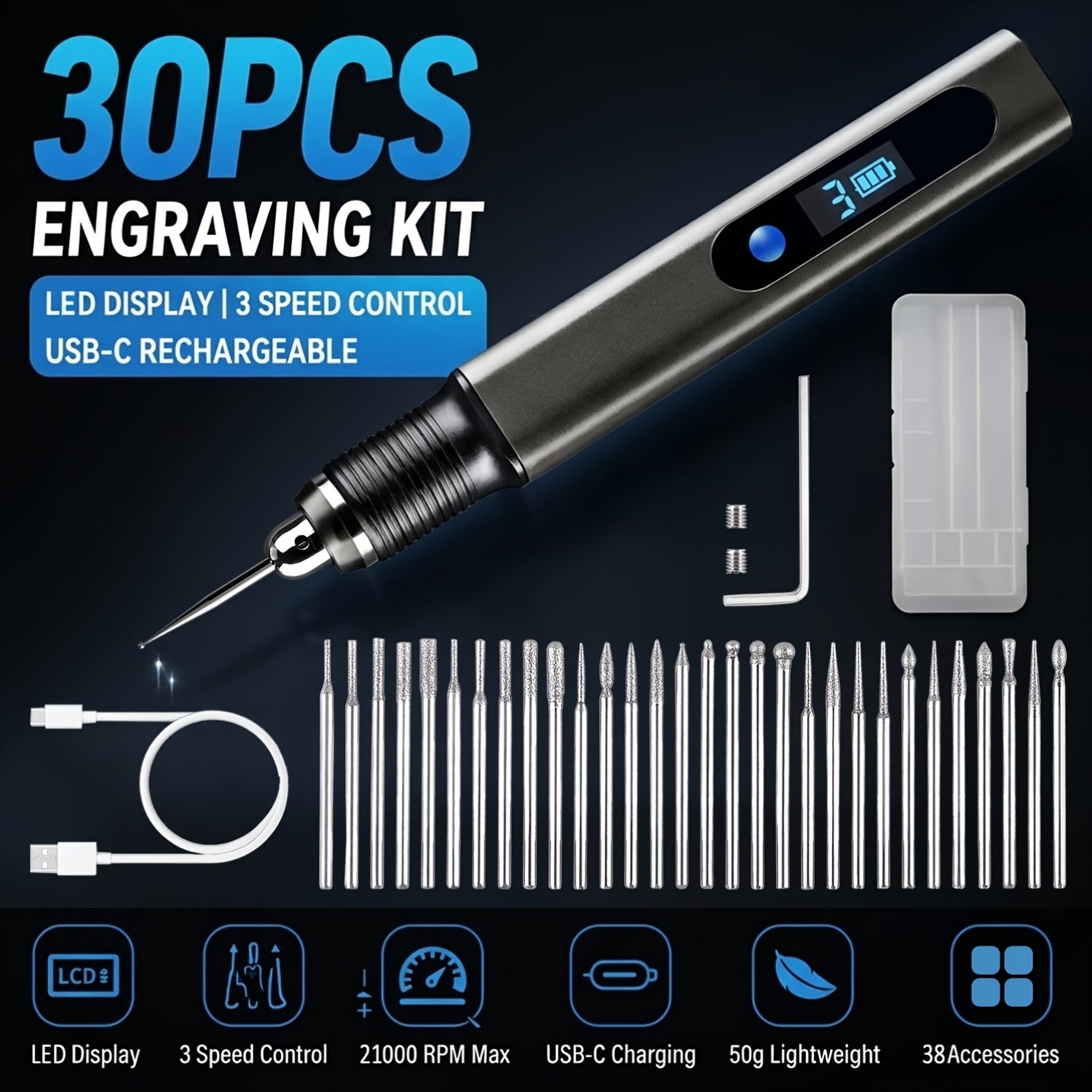Electric Engraving Pen with 30 Drill Bits, USB Rechargeable Engraving Pen, Professional Mini Engraving Machine Portable Tool The Perfect Gift for Mother'S Day