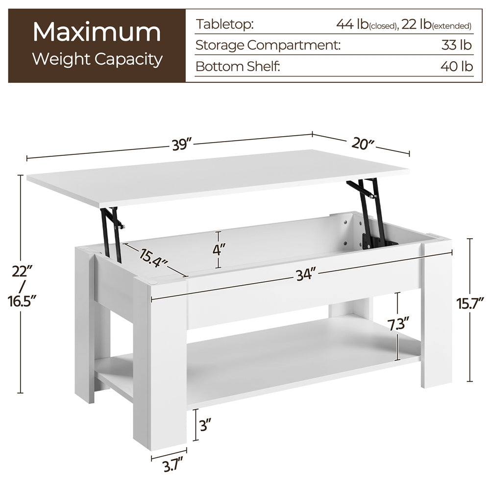 ALDEN DESIGN Coffee Table, 38 in Lift Top Coffee Table with Hidden Compartment & Open Shelf, Space-saving Coffee Table for Small Apartment, Living Room, Reception Room, Office, White/Black/Gray/Rustic Brown/Espresso