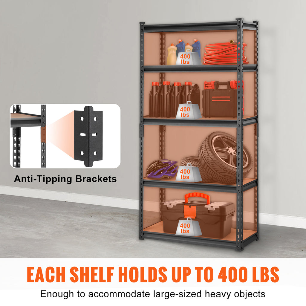 VEVOR Storage Shelving Unit, 5-Tier Adjustable, 2000 lbs Capacity, Heavy Duty Garage Shelves Metal Organizer Utility Rack, Black, 30" L x 12" W x 60" H /36" L x 18" W x 72" H for Kitchen Pantry Basement Bathroom Laundry