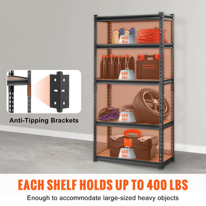 VEVOR 5-Tier Adjustable Storage Shelving Unit 2000 lbs – Heavy Duty Metal Garage Shelves, 2-in-1 Convertible Utility Rack, Rust-Proof SPCC Steel, 30"x12"x60" or 36"x18"x72", for Garage, Pantry, Basement & Laundry