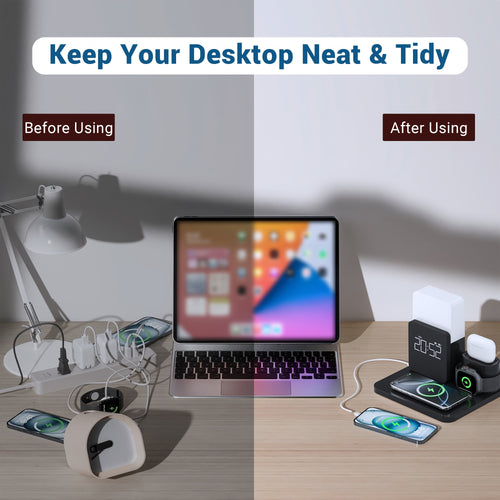 3-in-1 Wireless Charging Station with Alarm Clock for iPhone 12 13 14 15 Pro Max Mini AirPods Bedside Nightstand Charger - Canada