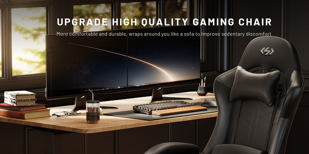 Gaming Chair with Pocket Spring Cushion, Adult Ergonomic Chair with Massage-function Lumbar Support Cushion, Height-adjustable Gaming Computer Chair, PU Leather Chair with Swivel Function, Suitable for Gaming Or Office