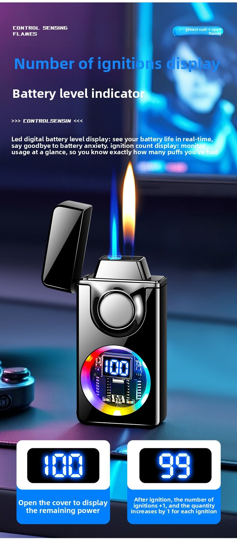 BNMQ Intelligent Voice Control Butane Lighter, 5 Ignition Modes, Visible Transparent Window, Portable Metal Flip Induction Lighter