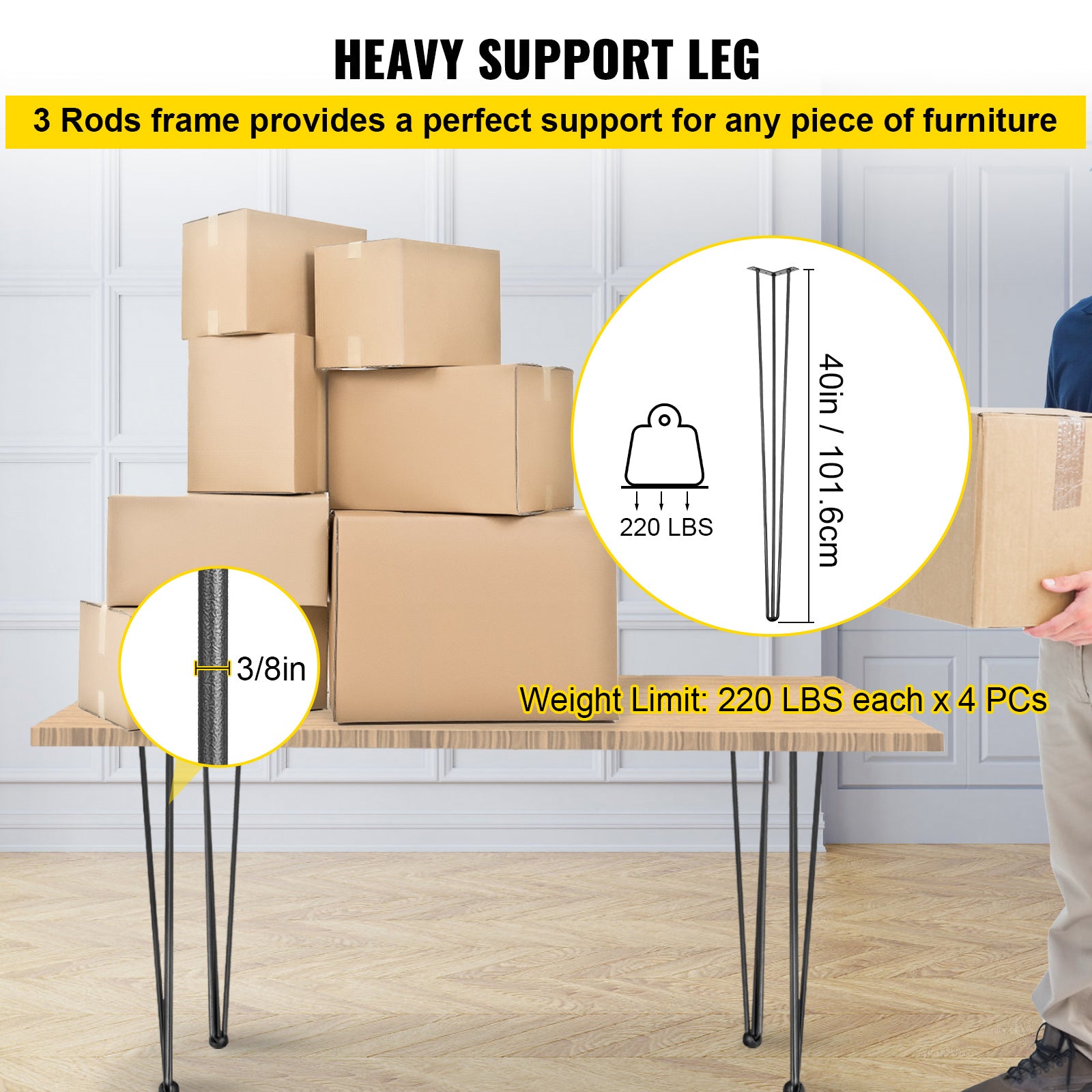 VEVOR Table Legs 16-40 inch Black Set of 4 Desk Legs Each 220lbs Capacity Hairpin Desk Legs 3 Rods for Bench Desk Dining End Table Chairs Carbon Steel DIY Table Legs Heavy Duty Furniture Legs