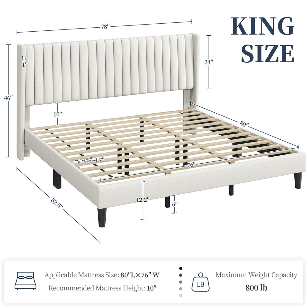 ALDEN DESIGN Bed Frame, Upholstered Bed Frame with Wing Side, Fabric Upholstered Bed with Headboard, Platform Bed Frame with Channel Tufted Headboard, Mattress Foundation with Wood Slat Support, No Box Spring Needed,King/Queen/Full, Ivory/Dark Gray/Black/