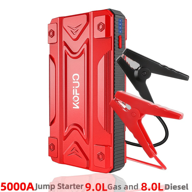 Compact Car Jump Starter 5000A/6000A with Safety Jumper Cables, Fast Charge, USB Power Bank & LED Flashlight – 12V Camping & Emergency Booster
