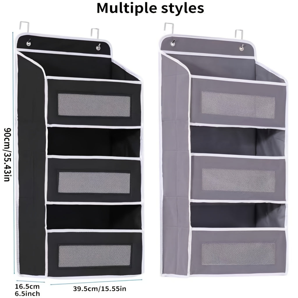 Over Door Storage Rack No Drill – Anti-Slip Door Hanger, 44 lb Capacity, 3 or 5 Tier Space-Saving Organizer for Wardrobe Bathroom Kitchen Dormitory Home (Black/Grey)