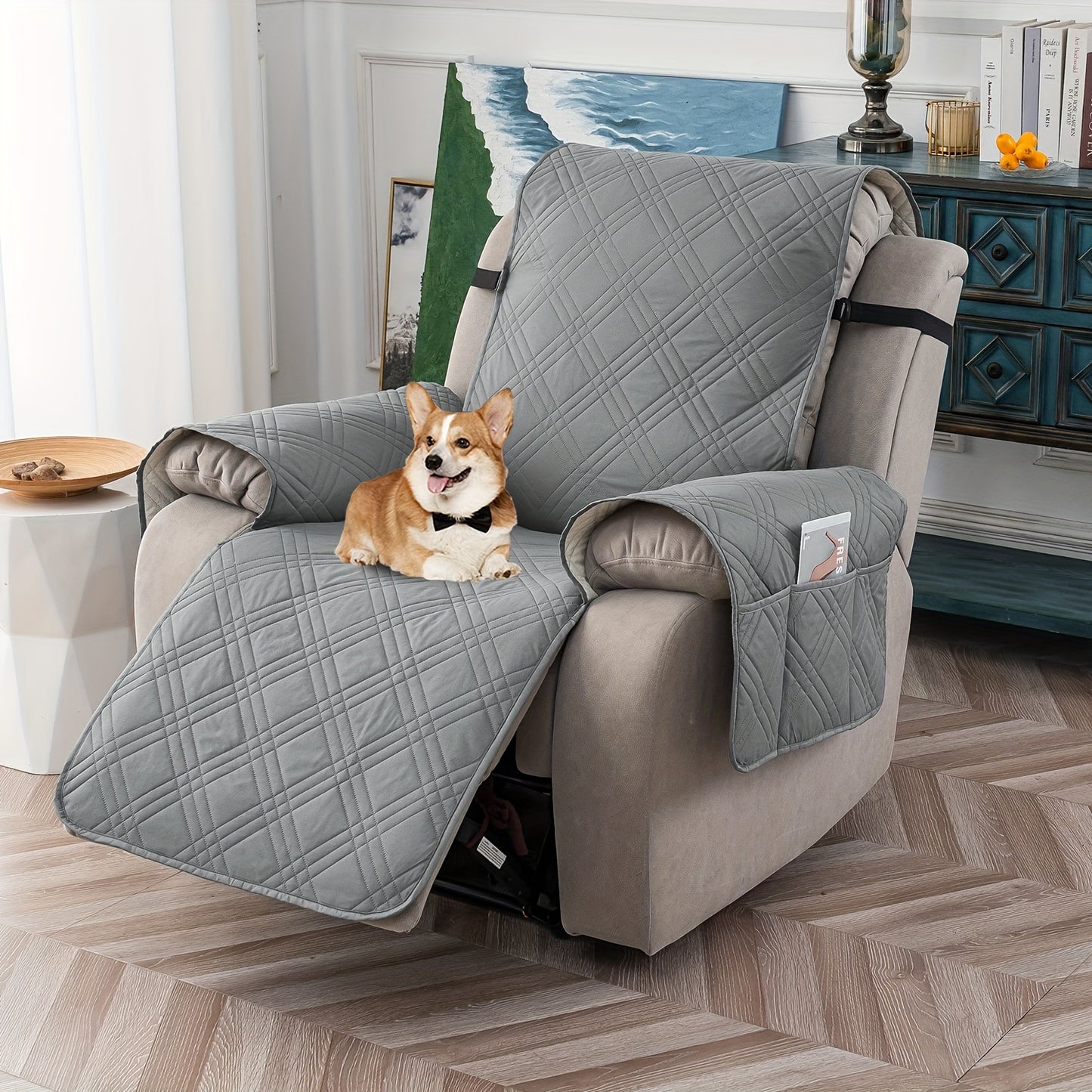 Waterproof Recliner Chair Cover Non-Slip Slipcover with Pocket – 5-Layer Quilted Furniture Protector for Pets, Washable, Easy Install, Elastic Straps – 9 Colours Including Black, Grey & Beige
