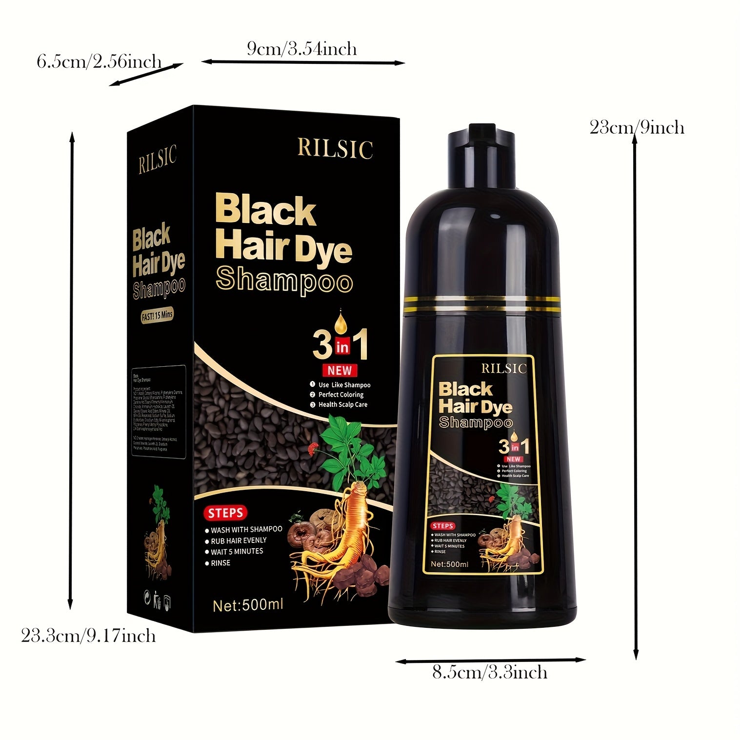 3-in-1 Hair Dye Colour Shampoo – Instant Grey Hair Coverage, Ammonia Free Herbal Formula, Lasts 30 Days for Men & Women | 16.91oz Natural Hair Colouring
