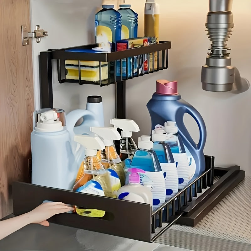 Set of 2 Two-Tier Pull-Out Organizers Designed for Under-Sink Cabinets, Featuring Padded Shelves Suitable for Framed Cabinets. This Metal Slide-Out Storage Solution Includes Mesh Sliding Drawers, Perfect for Use in Kitchens, Bathrooms