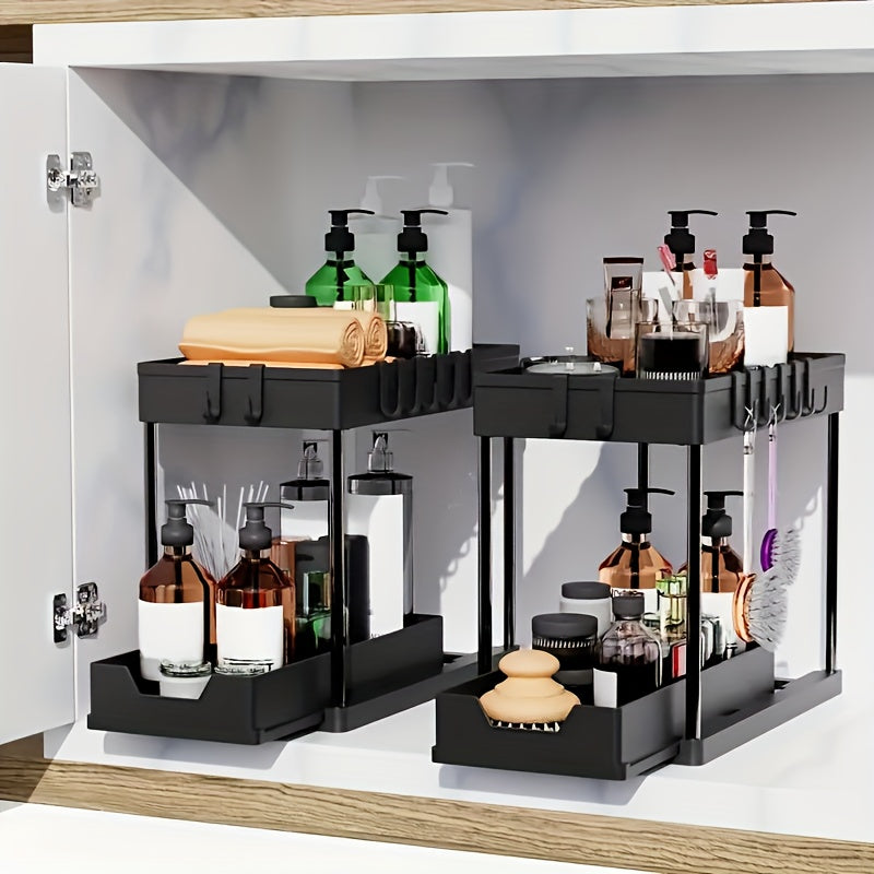 Under-Sink Storage Box with Sliding Drawers, 2-Layer Sliding Cabinet Basket, Bathroom Kitchen Cabinet Storage Box with Hooks, Storage Cups, Household Kitchen Additions, Utility Racks