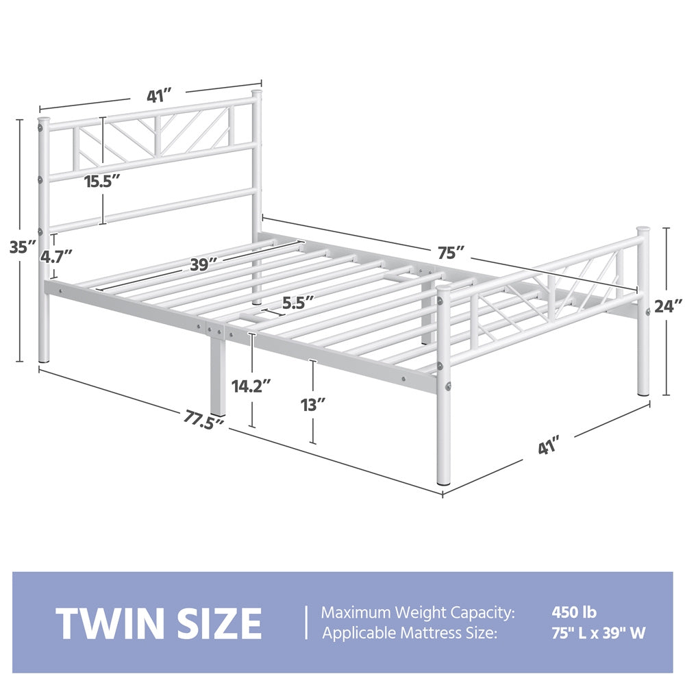 ALDEN DESIGN Bed Frame, Metal Platform Bed Frame, Minimalist Metal Platform Bed with Arrow Design Headboard and Footboard, metal bed foundation, Underbed Storage for Luggage, Shoes, Bags, No Box Spring Needed, White/Black, Twin/Full/Queen Size