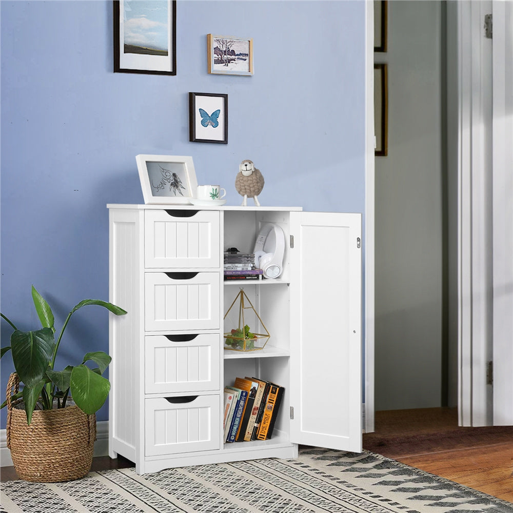 ALDEN DESIGN Bathroom Cabinet, Modern Wooden Bathroom Cabinet with 4 Drawers & Cupboard, Freestanding Wooden Storage Organizer for Kitchen, Living Room, Entryway, Furniture for Home, White/Gray