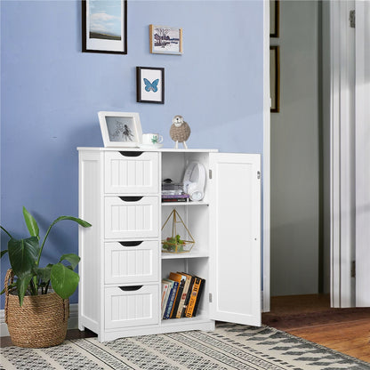 Freestanding Wooden Bathroom Cabinet with 4 Drawers & Cupboard, Modern Storage Organizer for Kitchen Living Room Entryway, Multi-Tier Freestanding Furniture for Home, White Gray, Canada