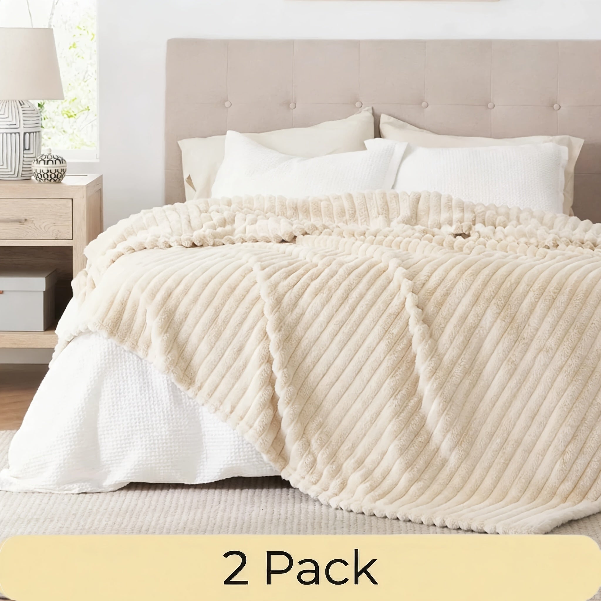 Faux Fur Rabbit Blanket Set of 2 – 260GSM Striped Luxury Plush Throw, OEKO-TEX Certified, Machine Washable, Cozy Sofa & Bed Blanket for Women & Men, Multiple Colours