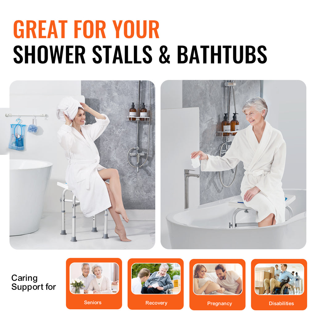 VEVOR Shower Chair, Adjustable Height Shower Stool, Shower Seat for Inside Shower or Tub, Non-Slip Bench Bathtub Stool Seat for Elderly Disabled Handicap, 350 LBS/ 500 LBS Capacity, No handrails/With handrails