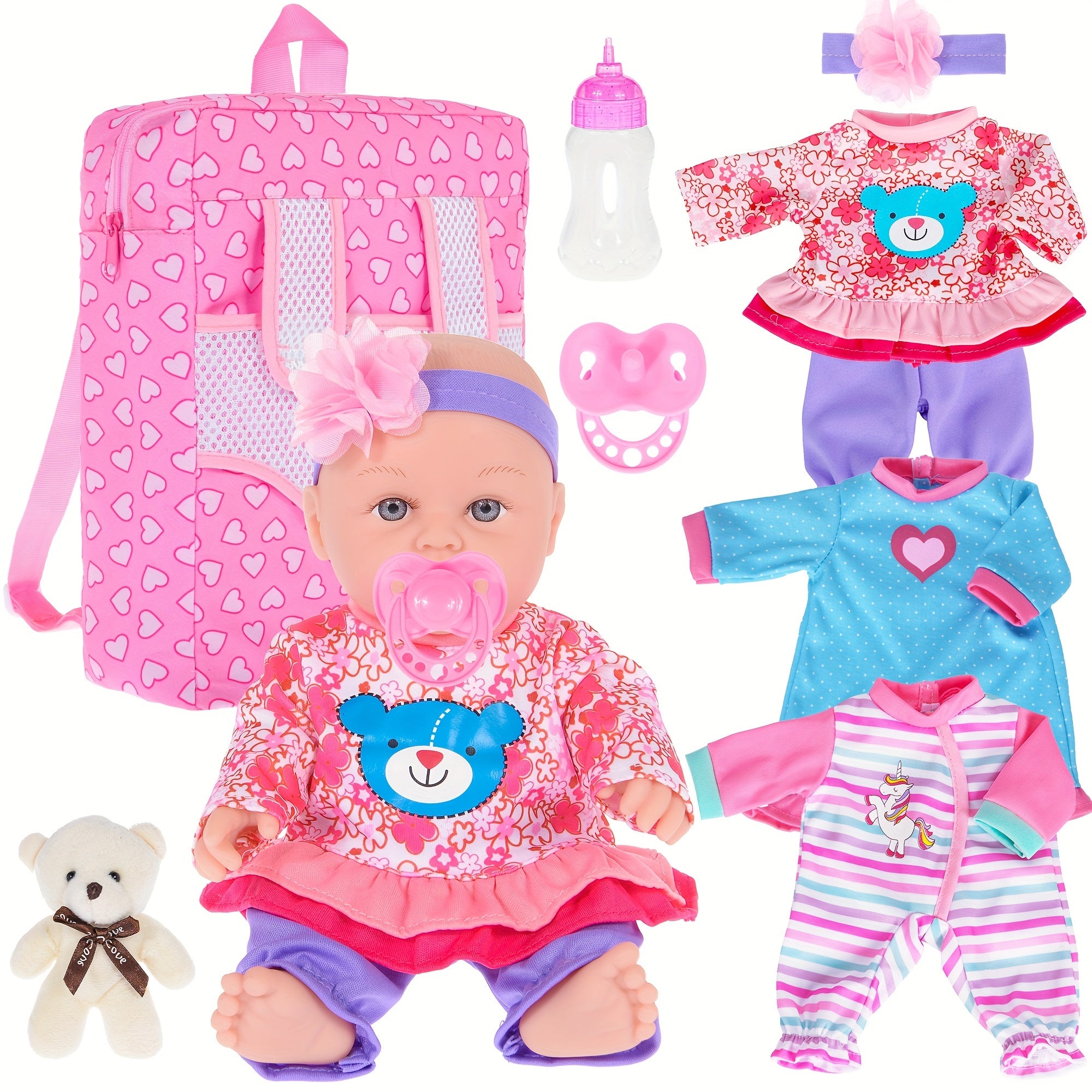 12 Inch Baby Doll And Additions-Reborn Baby Dolls Real Life Baby Dolls with 3 Sets Clothes, Backpack, Pacifier, Bottle.Halloween Christmas Gifts