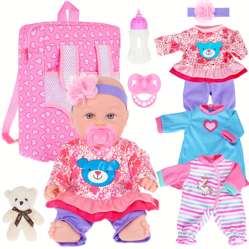 Baby Doll 12 Inch with 3 Outfits, Backpack, Pacifier & Bottle – Realistic Reborn-Style Baby Doll for Girls, Nurturing Role Play Toy, Best Birthday & Christmas Gift for Kids Ages 3+