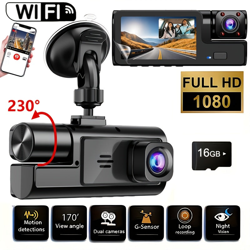 3-Lens Dash Cam with Front Inside Cabin & Rear Reversing Camera – WiFi, 1080P, Night Vision, G-Sensor, Loop Recording, Parking Monitor – Taxi Truck SUV Rideshare Car Accessory, 16GB/32GB