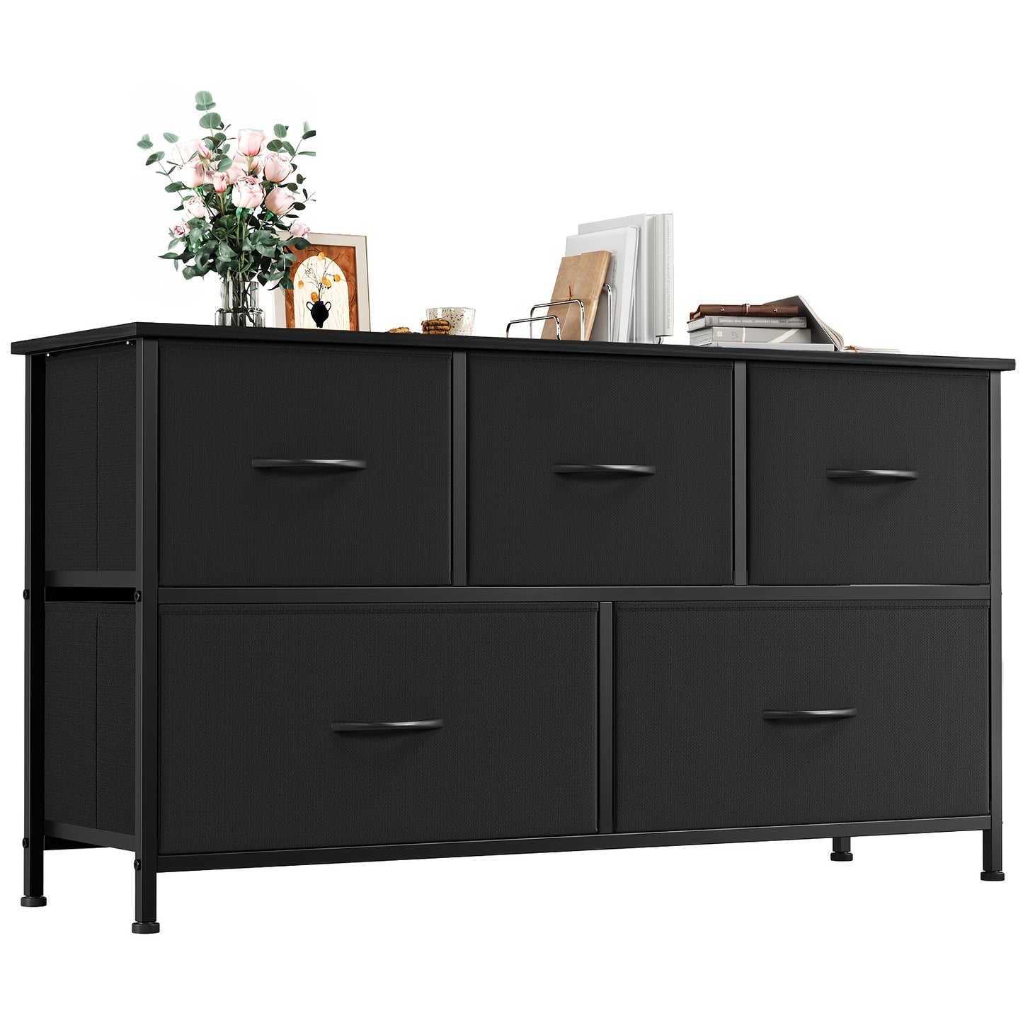 White Chest of Drawers with 5 Fabric Drawers & Wooden Top – Wide Freestanding Dresser Cabinet for Living Room, Hallway, Bedroom & Kitchen – Modern Sideboard Storage Organizer, Easy Assembly
