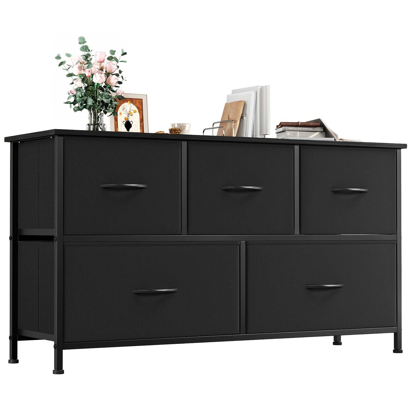 EUNOS Chest Of Drawers White with 5 Drawers Made Of Fabric, Sideboard with Wooden Top, Cupboard Wide for Living Room, Hallway, Dresser Cabinet, Kitchen Cabinet