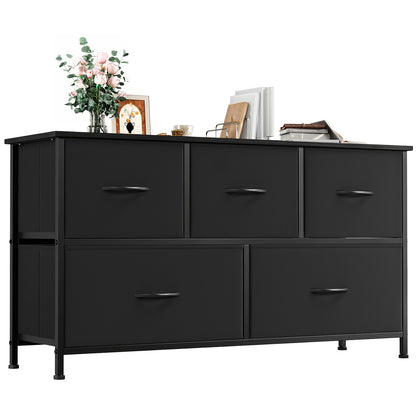 White Chest of Drawers with 5 Fabric Drawers & Wooden Top – Wide Freestanding Dresser Cabinet for Living Room, Hallway, Bedroom & Kitchen – Modern Sideboard Storage Organizer, Easy Assembly