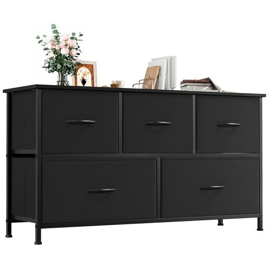 EUNOS Chest Of Drawers White with 5 Drawers Made Of Fabric, Sideboard with Wooden Top, Cupboard Wide for Living Room, Hallway, Dresser Cabinet, Kitchen Cabinet