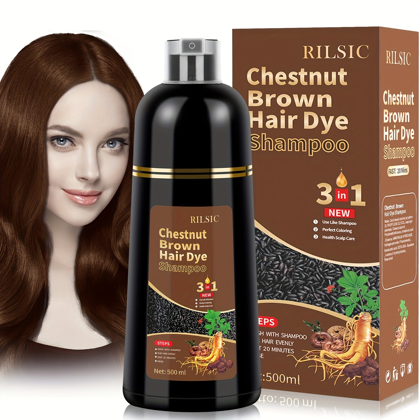 RILSIC 3-in-1 Herbal Hair Dye Colour Shampoo – Instant Natural Hair Colouring in Minutes for Women & Men | 16.91oz Halloween & Everyday Gift