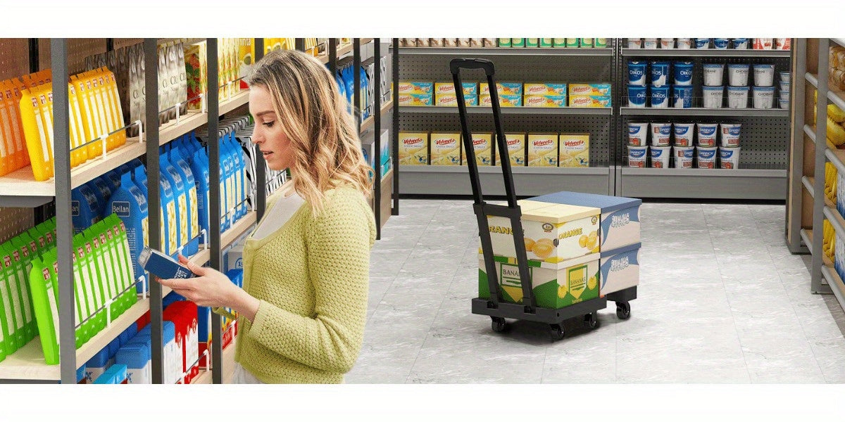 SPACEKEEPER Folding Hand Truck, 500 Lbs Heavy Duty Foldable Luggage Cart, 6 Wheels Utility Dolly Platform Cart with 2 Elastic Ropes, Portable Collapsible Dolly Cart with Extendable Base, Black Folding Cart, Travel, Moving, Shopping, Industry, Office
