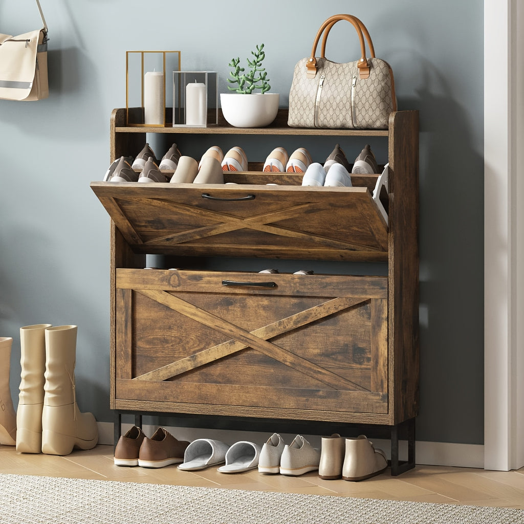 Rustic Brown Wooden Shoe Storage Cabinet With 2 Flip Drawers And Open Storage Shelf, Freestanding Entryway Shoe Cabinet With Metal Legs, Narrow Shoe Rack Organizer With Hidden Design, Holds 12-16 Pairs, Christmas Gift Or Black Friday Deal
