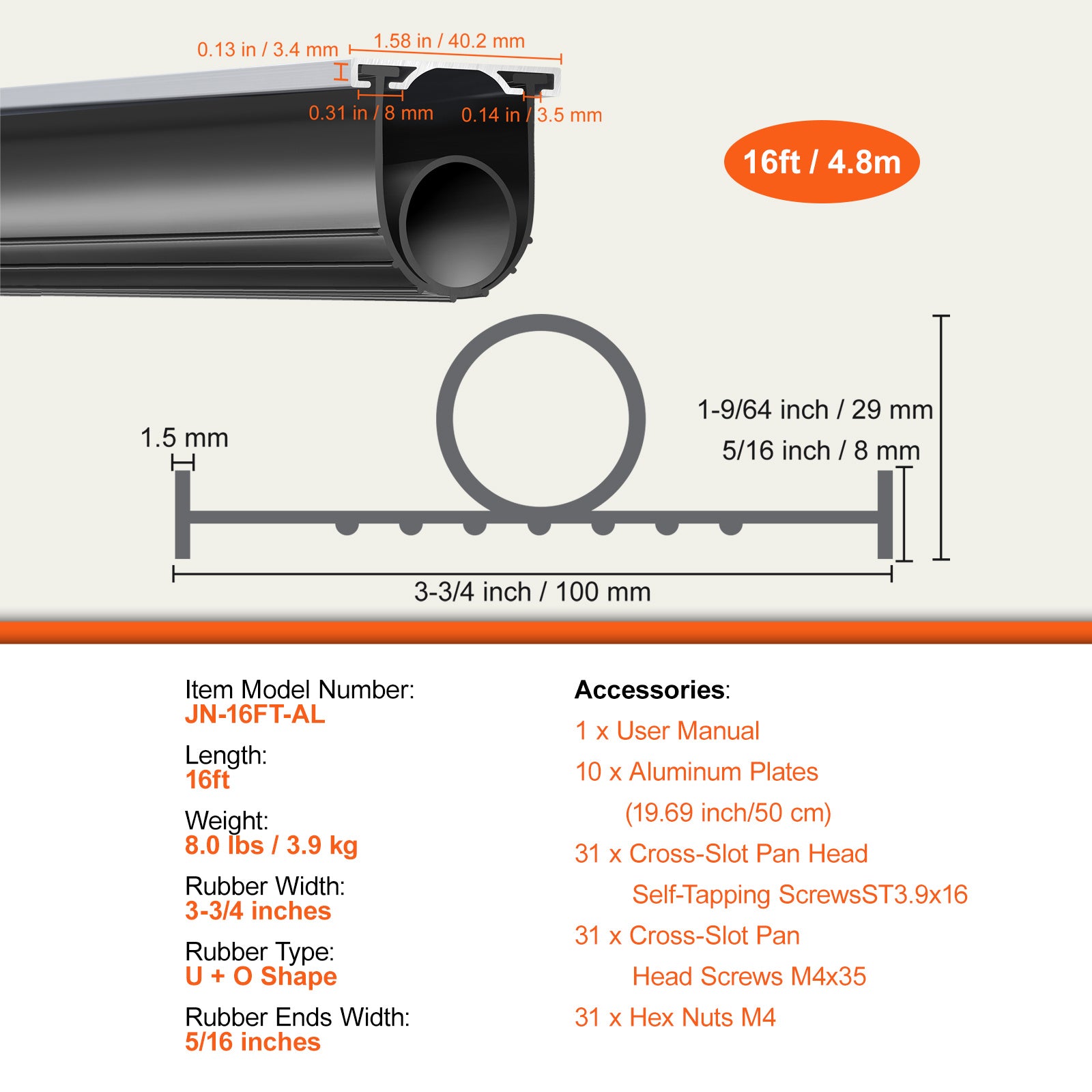 VEVOR Garage Door Seals Bottom, U Shape +O Ring Combination Garage Door Bottom Weather Seal, 10/16/20ft Weatherproofing Garage Door Seal, 5/16 inch T-ends and 3 3/4 inch Width, for Doors, Black