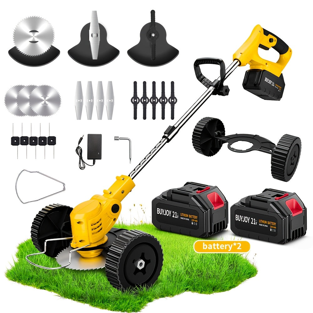 3-in-1 Cordless String Trimmer Lawn Mower & Brush Cutter with Dual Battery, Multiple Blade Types & Wheeled Design – Lightweight Electric Weed Eater for Lawn, Garden & Yard Trimming, Great Father's Day Gift