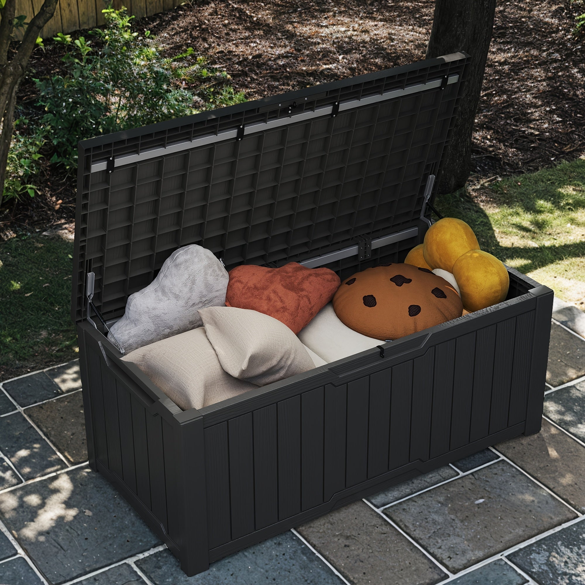 Outdoor Waterproof Resin Deck Box 51 80 150 180 Gallon - Weatherproof Patio Storage Box Bench and Table for Garden Tools Pool Supplies Patio Furniture Brown Black Canada