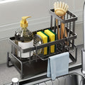 Heavy Duty Black Kitchen Sink Organizer with Drain Tray, Rust Resistant Carbon Steel Sink Storage Rack with Sponge Holder And Brush Holder, Space Saving Countertop Sink Caddy for Kitchen Storage And Organization
