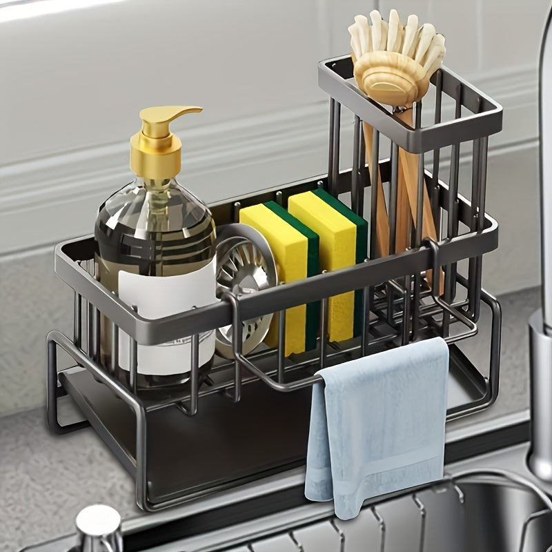Heavy Duty Black Kitchen Sink Organizer with Drain Tray, Rust Resistant Carbon Steel Sink Storage Rack with Sponge Holder And Brush Holder, Space Saving Countertop Sink Caddy for Kitchen Storage And Organization