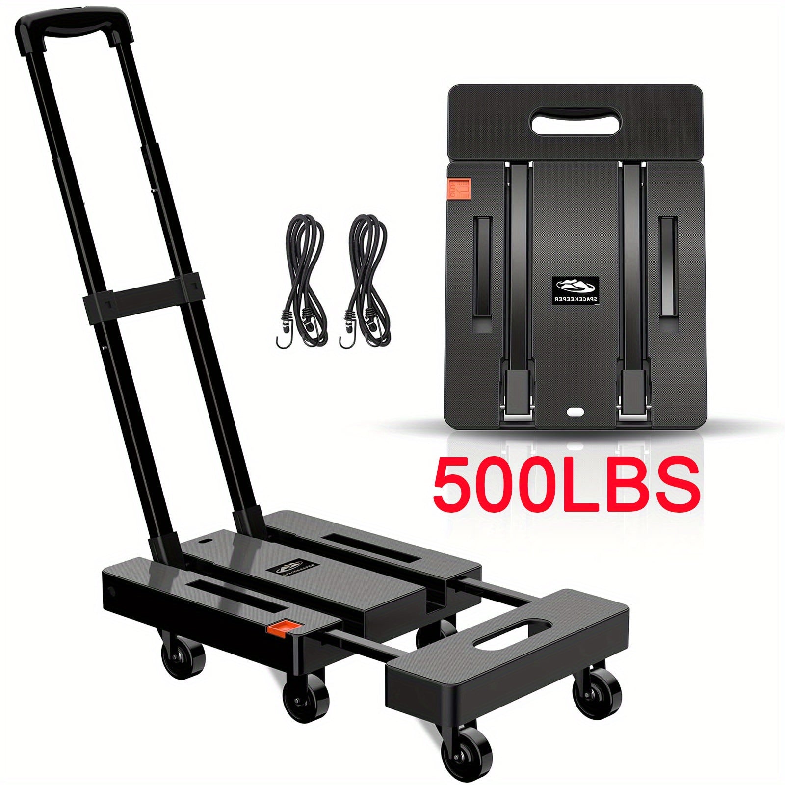 Folding Hand Truck 500 Lbs Heavy Duty, 6-Wheel Collapsible Dolly Cart with Extendable Base, Adjustable Telescoping Handle, 2 Elastic Ropes, Portable Luggage Cart for Moving Shopping Travel Industry