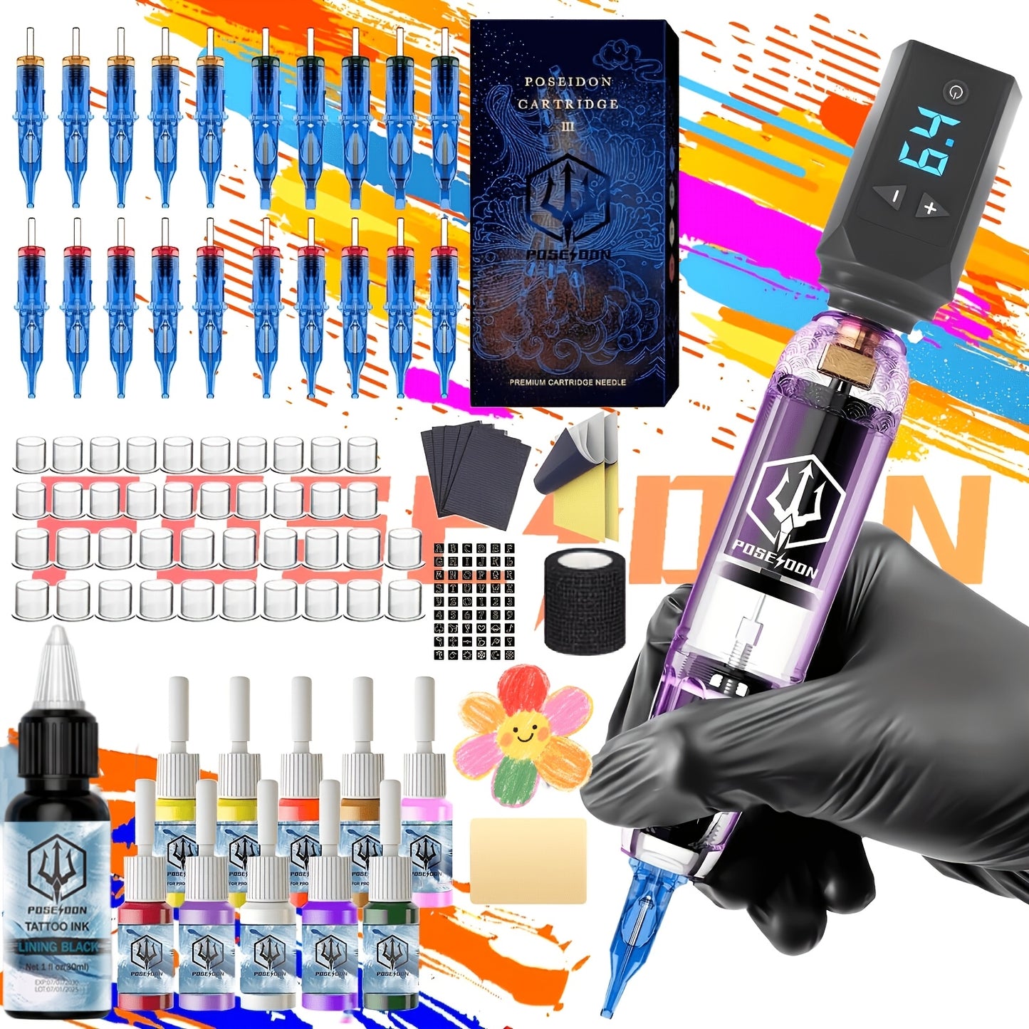 Wireless Tattoo Pen Kit for Beginners – POSEIDON Complete Tattoo Gun Set with Power Supply, 20pcs Cartridge Needles, 11 Colour Inks & LCD Display | Valentine's Day Gift