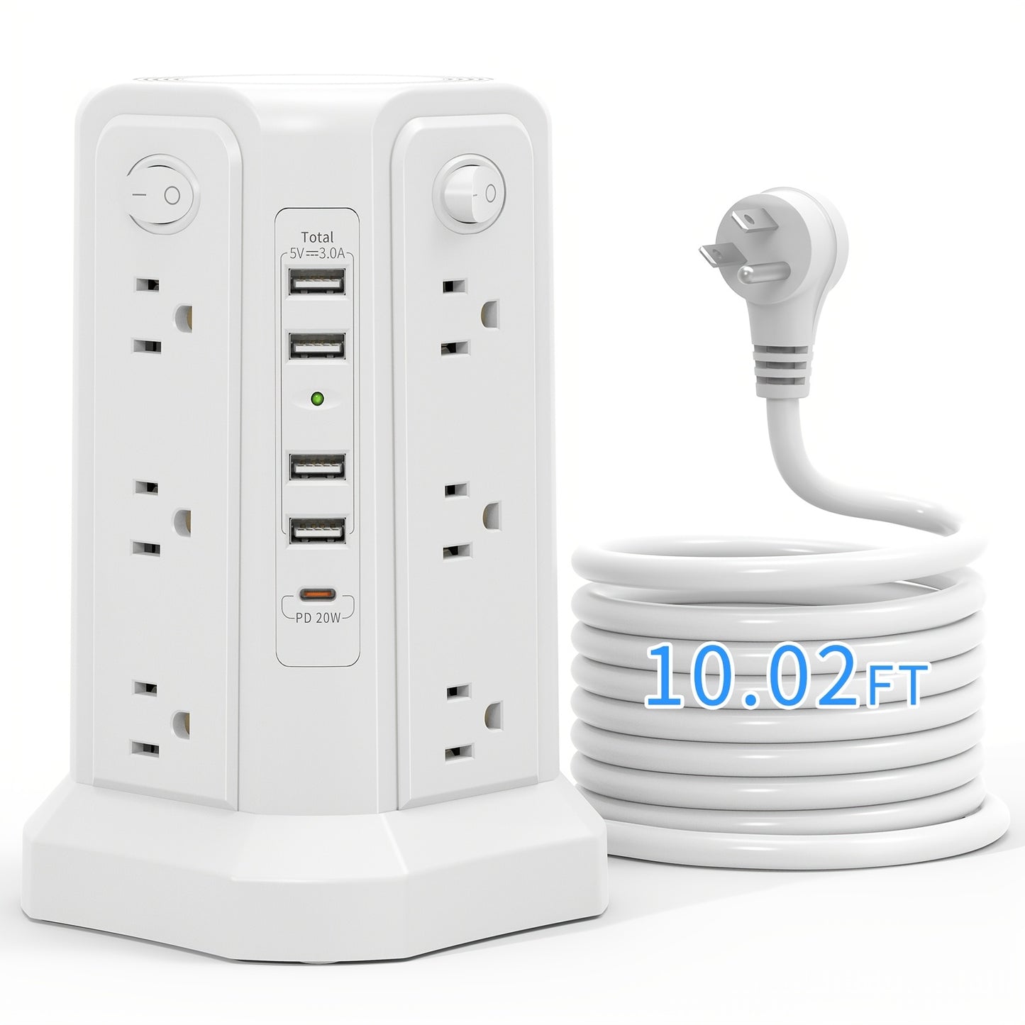 Tower Surge Protector with Night Light – 12 AC Outlets, 5 USB Ports (18W USB-C PD), 10.2FT Extension Cord, 1800J Surge Protection, 4-Zone Switch, Black